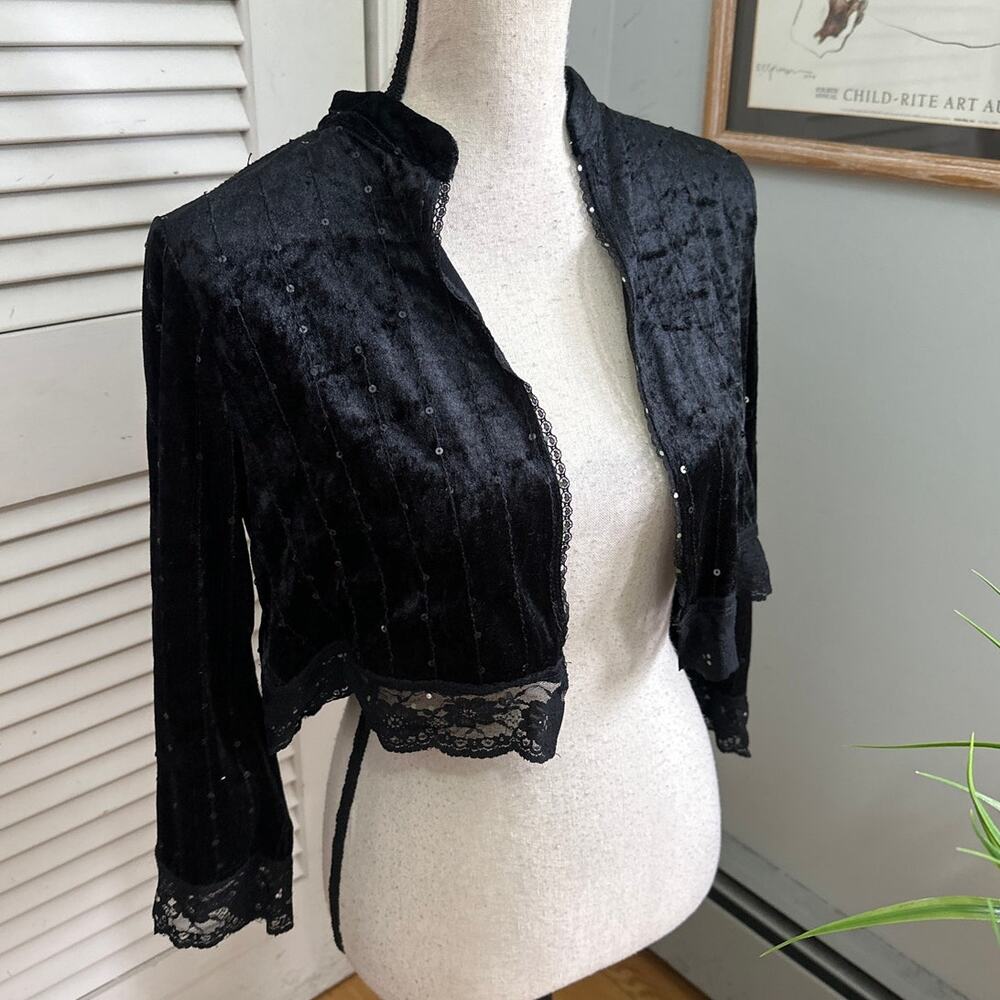 Vintage Meghan Noland Bolero Jacket Womens Large Black Velvet Sequins Y2K Goth